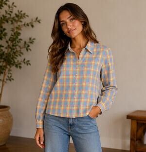 FOXCROFT size 18W Shaped Fit Wrinkle Blue Plaid Button Front Shirt